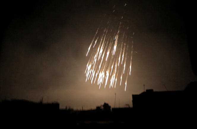 A photo taken early on March 23, 2018 shows what appears to be white phosphorus fires, landing during a regime bombardment in Douma, one of the few pockets still held by rebels in Eastern Ghouta, a suburb of the capital Damascus.