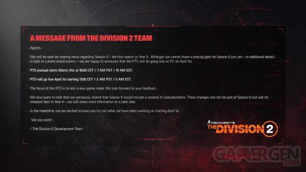 The Division 2 01 04 2022 PTS Season 9 new release date