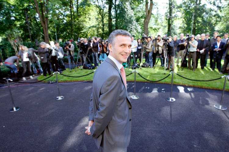 Prime Minister Stoltenberg speaks to the press after his election victory in 2009.