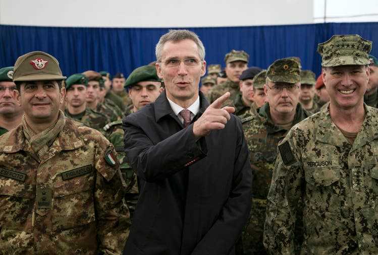 Secretary General Stoltenberg with NATO peacekeeping forces in Kosovo's capital Pristina 2015.