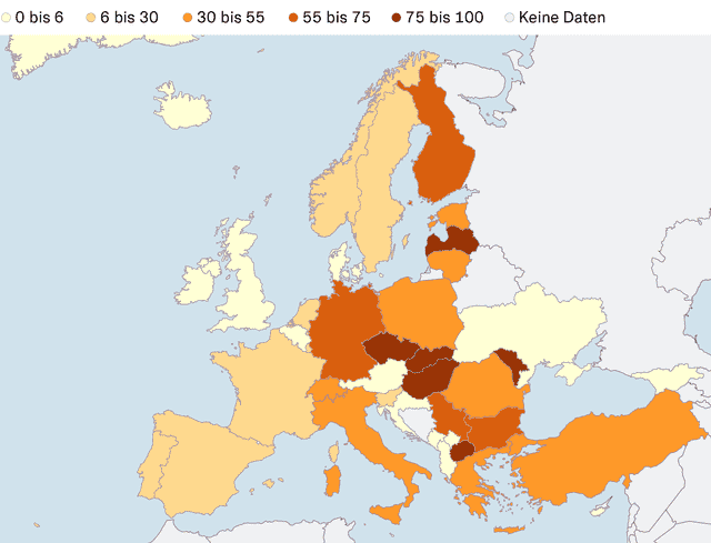 Osteuropäische Länder und Deutschland sind vom russischen Gas besonders abhängig - Anteil des russischen Gases am gesamten Erdgasimport, in Prozent