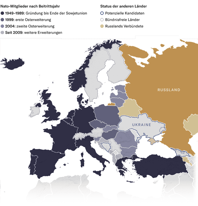 Russland sieht seine Interessen durch die Nato bedroht - Nato-Mitglieder und potenzielle Kandidaten, Stand 2022