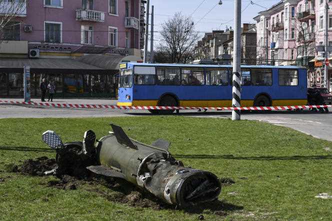 A Tochka-U missile fragment lies on the ground after an attack at the train station in Kramatorsk, Ukraine, Friday, April 8, 2022.