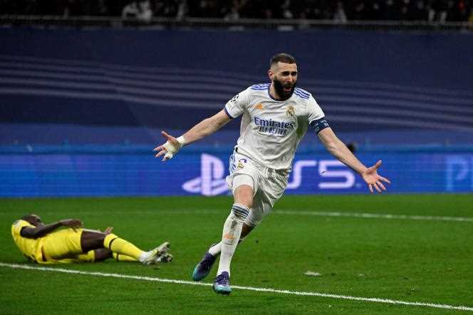 Karim Benzema after his goal against Chelsea in the Champions League quarter-final second leg at the Santiago-Bernabeu stadium on April 12.