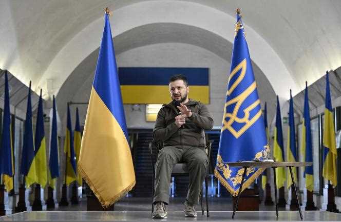 Ukrainian President Volodymyr Zelensky during a press conference with international media at an underground metro station in kyiv on April 23, 2022.
