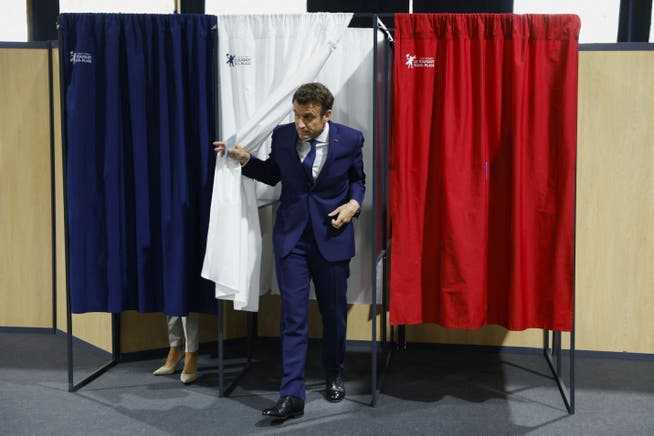 French President Emmanuel Macron on April 24, 2022, the day of the runoff election between him and challenger Marine Le Pen, at the electoral office in Le Touquet, northern France.