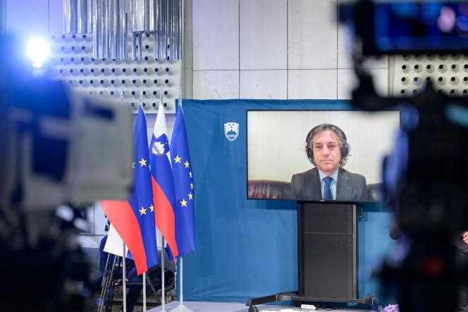 Chairman of the liberal Freedom Movement party Robert Golob reacts to the results of the parliamentary elections via video conference due to a positive Covid test, in Ljubljana, April 24, 2022. 
