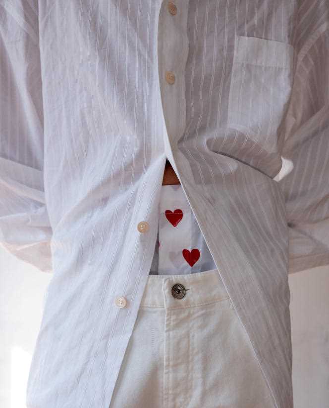 Boxer shorts with heart print in cotton, Fursac, €65.  fursac.com Cotton shirt, Marni.  marni.com Denim trousers with tears, Brunello Cucinelli.  shop.brunellocucinelli.com