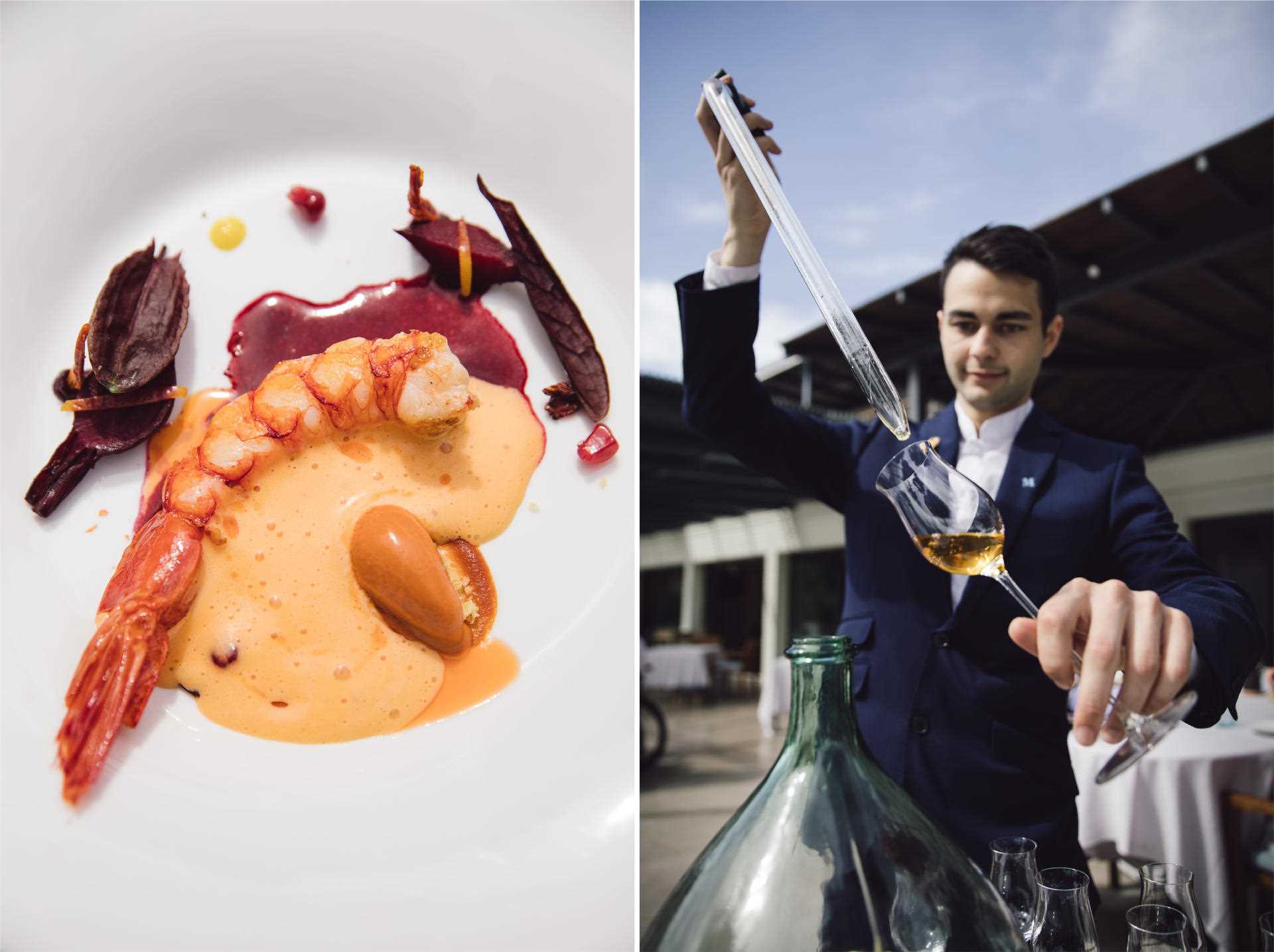 Left: Carabinero shrimp, beetroot and kumquat, foamy shells and ice cream from its heads.  Right: the sommelier serving a glass of liqueur.