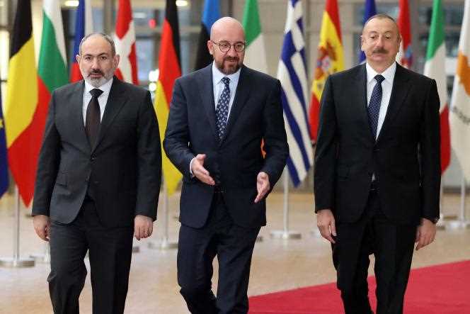Armenian Prime Minister Nikol Pashinian, European Council President Charles Michel and Azerbaijani President Ilham Aliyev during a meeting in Brussels, Wednesday, April 6, 2022.