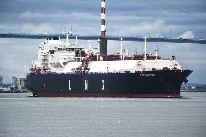 A ship carrying GLN (liquefied natural gas) leaves the Montoir-de-Bretagne terminal, near Saint-Nazaire (Loire-Atlantique), on April 12, 2022.