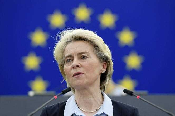 European Commission President Ursula von der Leyen during the European Council meeting on Russia's invasion of Ukraine, at the European Parliament in Strasbourg, April 6, 2022. 