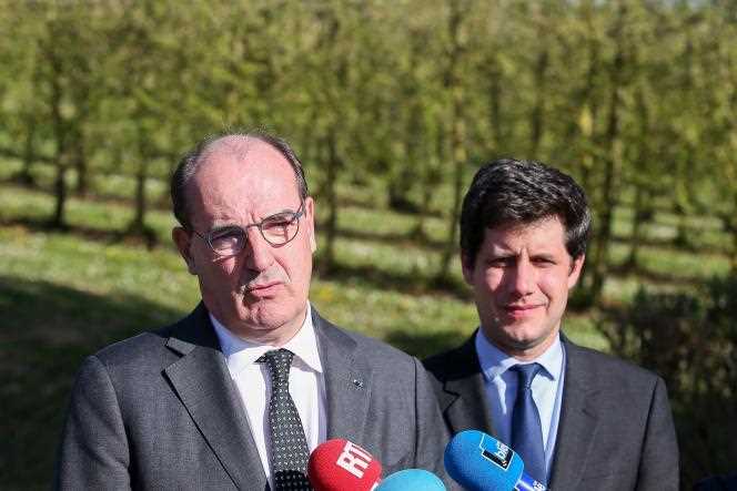 Prime Minister Jean Castex and Agriculture Minister Julien Denormandie visit a frost-affected farmyard in Cazes-Mondenard, southwestern France, April 5, 2022. The State releases emergency aid to farmers.