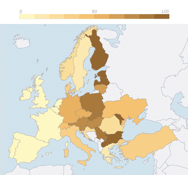 Osteuropäische Länder und Deutschland sind vom russischen Gas besonders abhängig - Anteil des russischen Gases am gesamten Erdgasimport, in Prozent