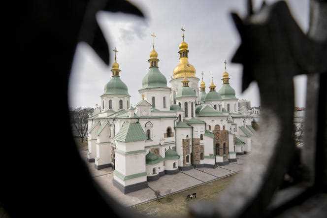 The Saint Sophia Cathedral, a UNESCO World Heritage Site, seen from a surrounding tower in kyiv, Ukraine, March 26, 2022. 