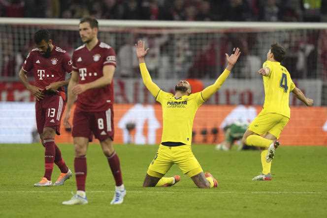 Villarreal players celebrate their qualification for the Champions League semi-finals after the quarter-final against Bayern Munich at the Allianz Arena on April 12.