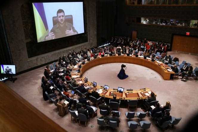 Ukrainian President Volodymyr Zelensky addresses the United Nations Security Council by videoconference in New York on April 5, 2022.