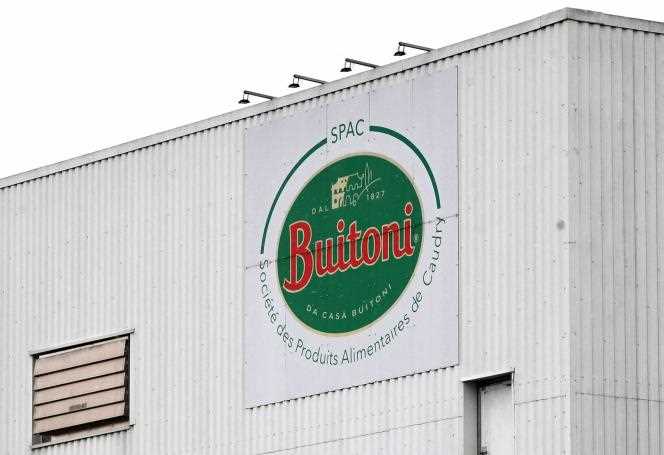 The logo of the Buitoni factory in Caudry, northern France, on April 1, 2022. 