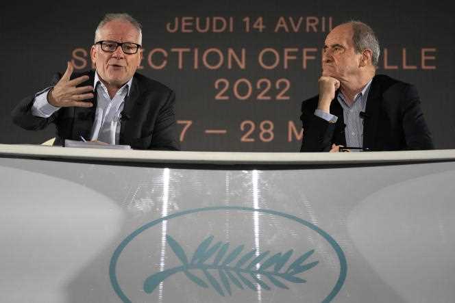 The general delegate of the festival, Thierry Fremaux (on the left), and the president of the festival, Pierre Lescure, during the press conference announcing the programming of the 75th edition of the Cannes Film Festival, on April 14, 2022, in Paris. 
