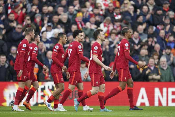 Liverpool players during the Premier League match against Watford, at Anfield, April 2, 2022.