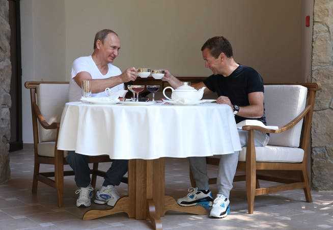 After Putin's (left) return to the Kremlin in 2012, Medvedev becomes prime minister.  In the early days after the role reversal, the two occasionally appeared at what appeared to be staged informal meetings.
