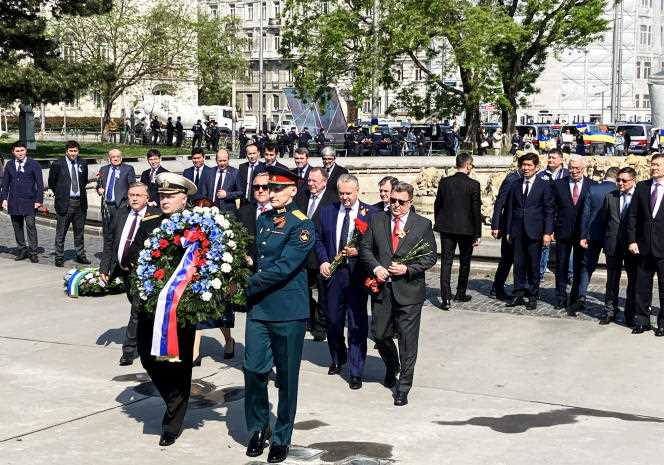 Dmitri Ljubinski, Russian Ambassador to Austria, lays a wreath in front of the Red Army Memorial in Vienna on May 9, 2022.