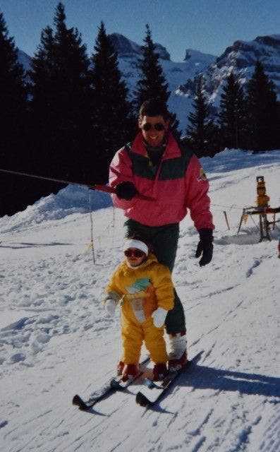 Dominique Gisin around 1987 with her father while skiing.