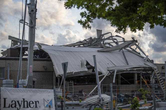 The roof of a company torn off by the passage of a tornado in Paderborn, Germany on May 20, 2022.
