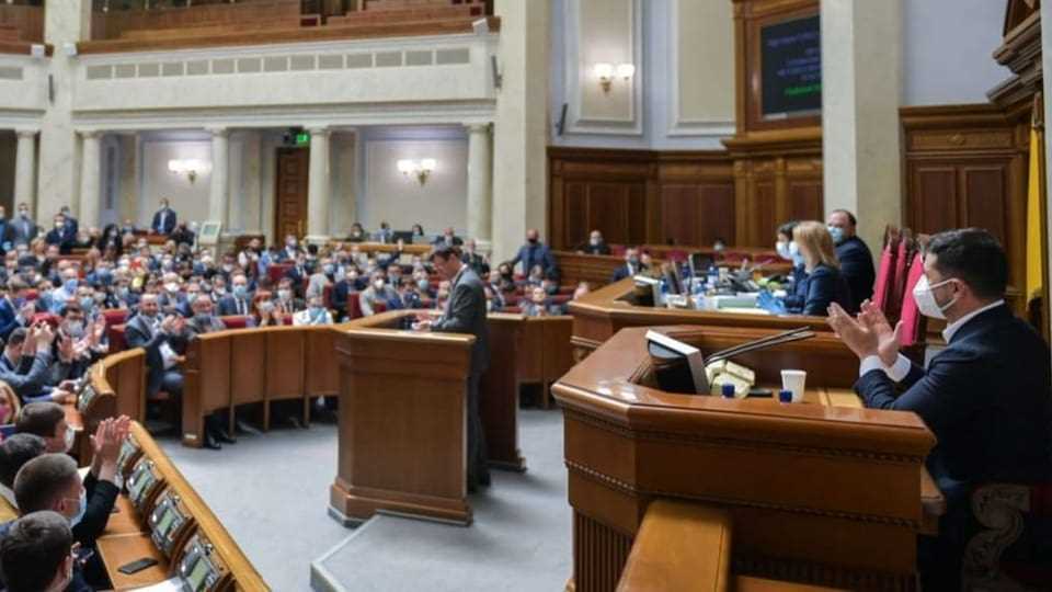 Zelensky speaks in the Ukrainian parliament in Kyiv.