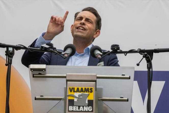 The president of Vlaams Belang (extreme right political group), Tom Van Grieken, during a meeting on the occasion of International Workers' Day, in Sint-Niklaas (Belgium), May 1, 2022.