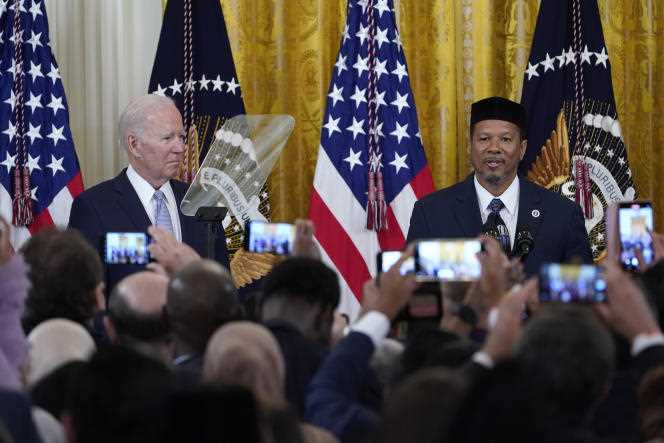 President Joe Biden, left, with Talib Shareef, imam of the Masjid Muhammad Mosque, in Washington on May 2, 2022.