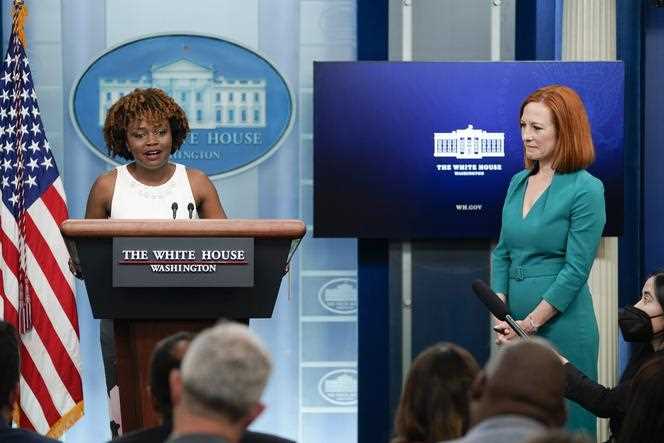 Karine Jean-Pierre at the lectern in the White House press room, alongside Jen Psaki, in Washington, May 5, 2022.