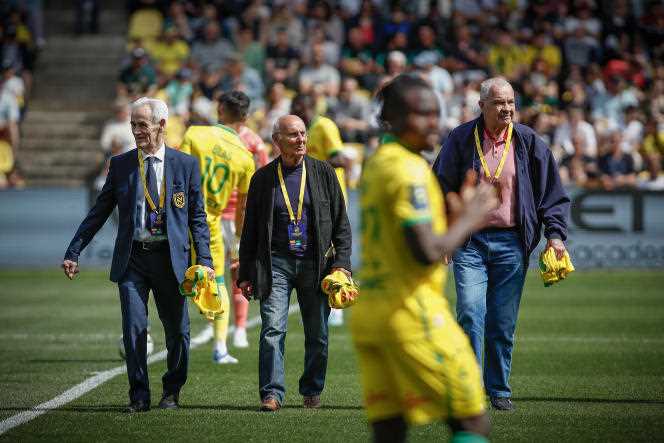 Bernard Blanchet (78 years old), Jean-Claude Suaudeau (83 years old) and Gilbert Le Chenadec (83 years old), former players of FC Nantes, here on April 17, 2022 in Nantes, during the 2,000th match of FC Nantes in the first division, were present during the first match in D1 in the history of the club, on August 31, 1963.