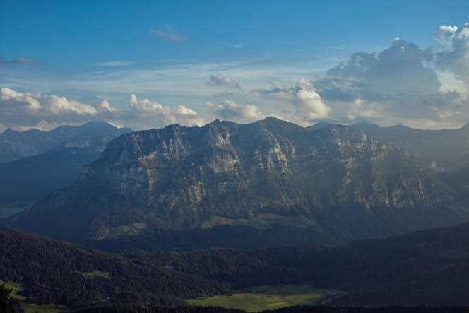 The Kanisfluh (2,044 m), totem cliff in the village of Au, south of Bregenzerwald, Austria.
