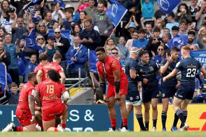 Leinster players (in blue) knocked out Toulouse in the European Rugby Cup semi-final at the Aviva Stadium in Dublin on May 14. 