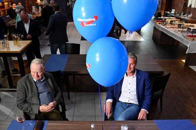 AfD honorary chairman Alexander Gauland (left) and Björn Höcke, representative of the far-right party's radical wing, at the party premises during the regional elections in Saxony-Anhalt, Magdeburg, in eastern Germany on June 6, 2021.