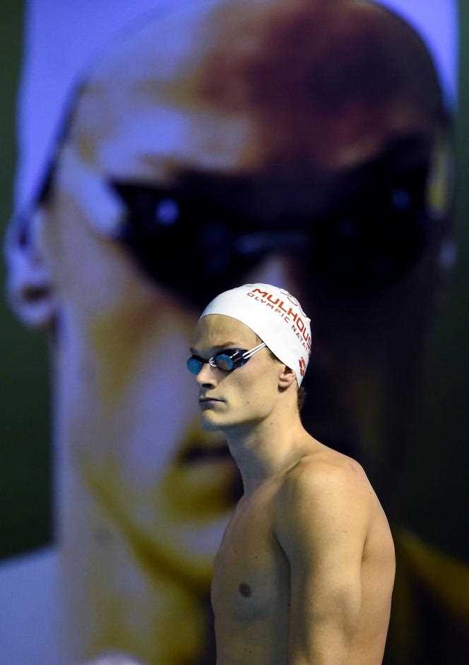 Yannick Agnel wore the Mulhouse Olympic Natation cap from 2014. Here, during the 200m freestyle final of the French championship in Montpellier, March 30, 2016.