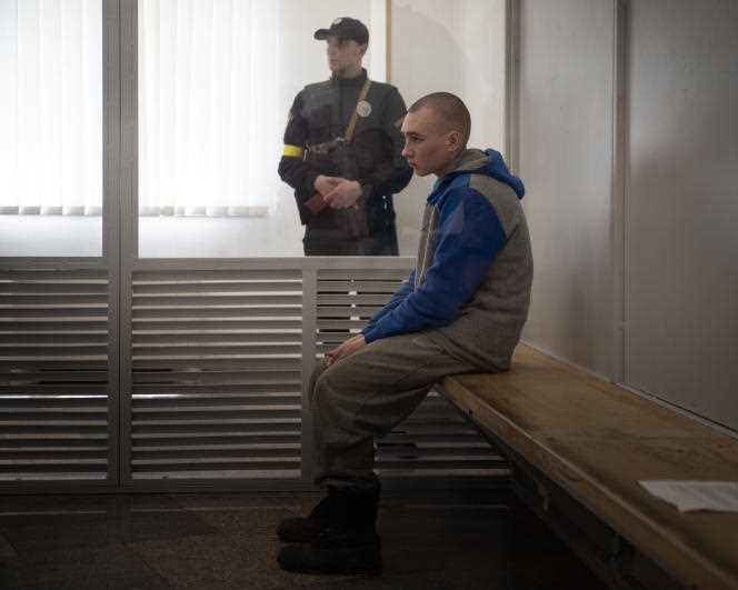 Vadim Chichimarine, 21, during the second hearing of his war crimes trial, on May 19, 2022, in kyiv.