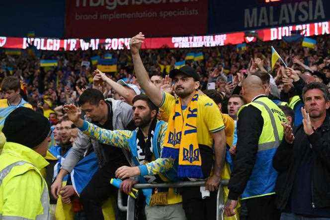 Ukraine fans during the match between Wales and Ukraine at the Cardiff City Stadium on June 5.