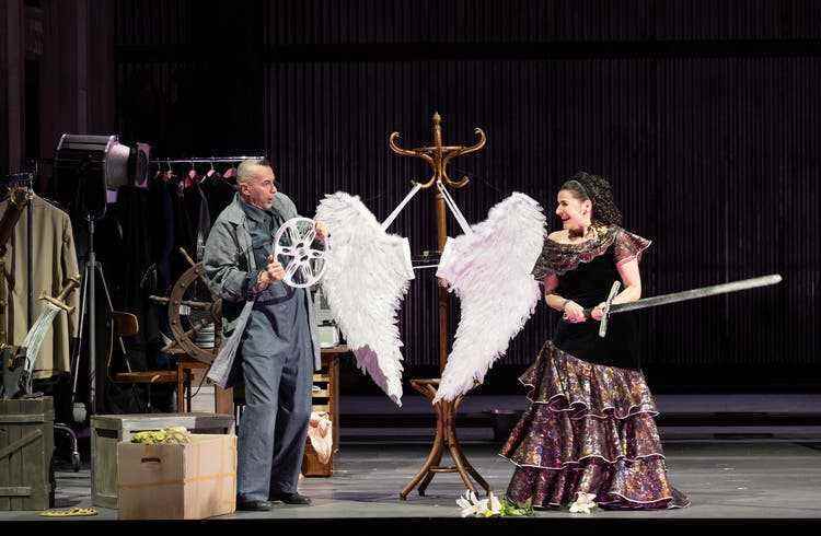 The stage is filled with props, even Rosina (Cecilia Bartoli) is apparently in the wrong play at some point.