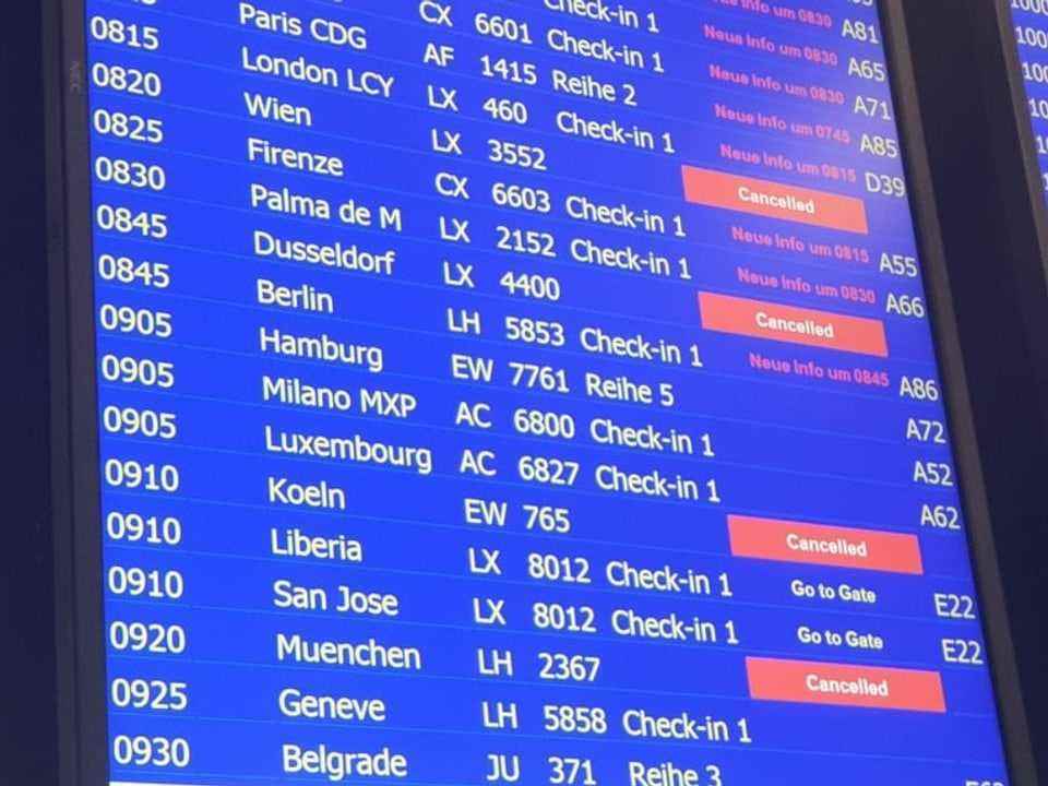 A display board at Zurich Airport shows how many flights cannot take off.