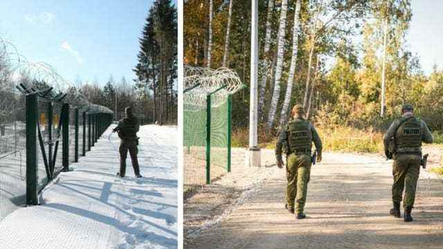 Doppelbild mit Grenzbeamten an einem hohen Zaun im Winter und im Sommer.