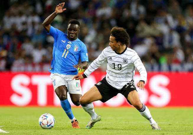 The Italian media are already comparing him to the likes of Leroy Sané (right) – Wilfried Gnonto (left) scores his first international goal against Germany.