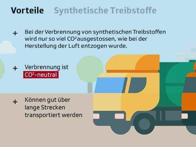 Truck icon image.  Text: "Advantages Synthetic fuels.  When synthetic fuels are burned, only as much CO2 is emitted as was extracted from the air during production.  Combustion is CO2 neutral.  Can be transported well over long distances. 