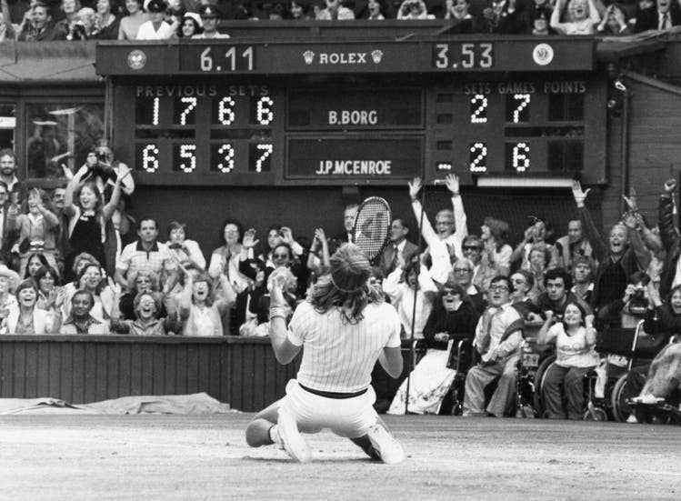 Björn Borg won five times in a row from 1976 to 1980.  In 1980 the Swede defeated the American John McEnroe in five sets (1:6, 6:3, 7:5, 6:7, 8:6).
