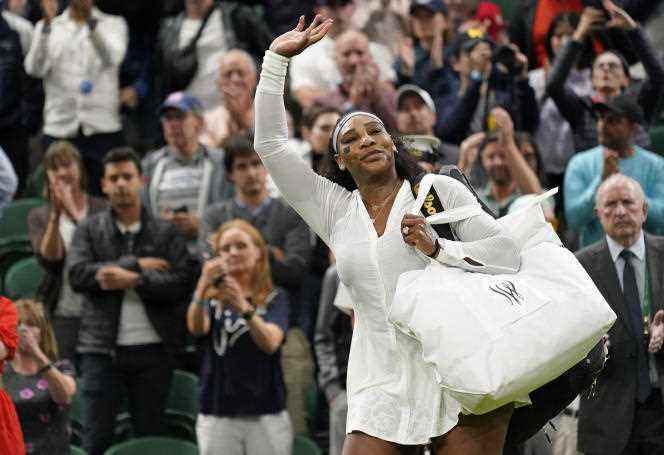 Serena Williams on the grass at Wimbledon, June 28, 2022.