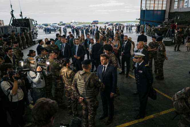 Emmanuel Macron arrives with Foreign Minister Catherine Colonna at the NATO military base Mihail-Kogalniceanu, Romania, June 14, 2022. 