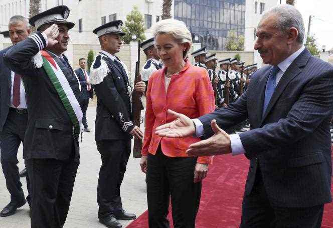 Palestinian Prime Minister Mohammed Shtayyeh receives European Commission President Ursula von der Leyen in the West Bank city of Ramallah on June 14, 2022.