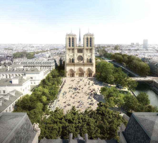 General view of the development project for the forecourt of Notre-Dame Cathedral.  The forecourt is designed as a clearing, which highlights the eastern facade of Notre-Dame.