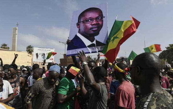 Portrait of Ousmane Sonko brandished during the opposition demonstration, June 9, 2022, in Dakar.